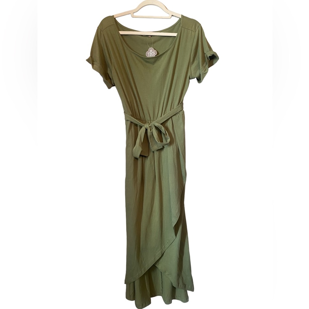 The Royal Standard Olive Green Cuffed Short Sleeve Tie Waist Dress